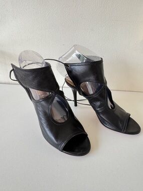 Aquazzura Black Leather Cutout Peep-Toe Booties Heels Stiletto Size 36